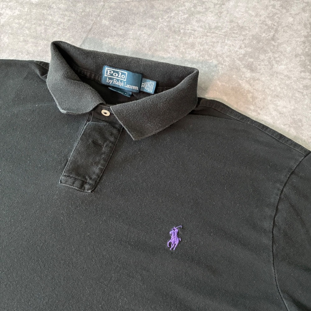 Vintage Polo Ralph Lauren Mens XL Custom Fit Black Polo Shirt Purple Pony Logo - Picture 2 of 7